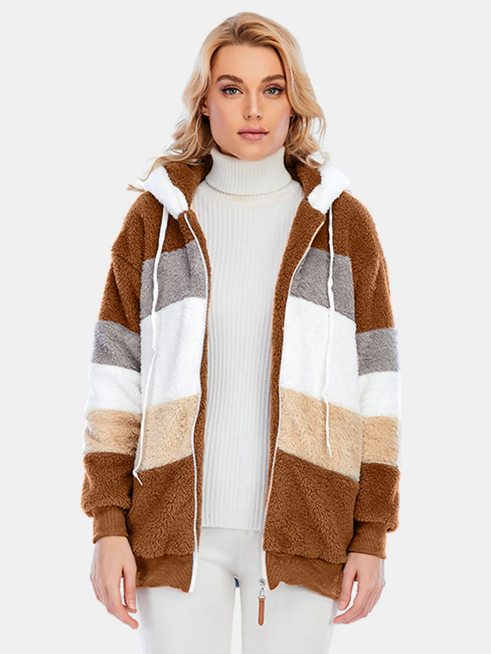 Full Size Drawstring Color Block Zip Up Hooded Outerwear, image 21