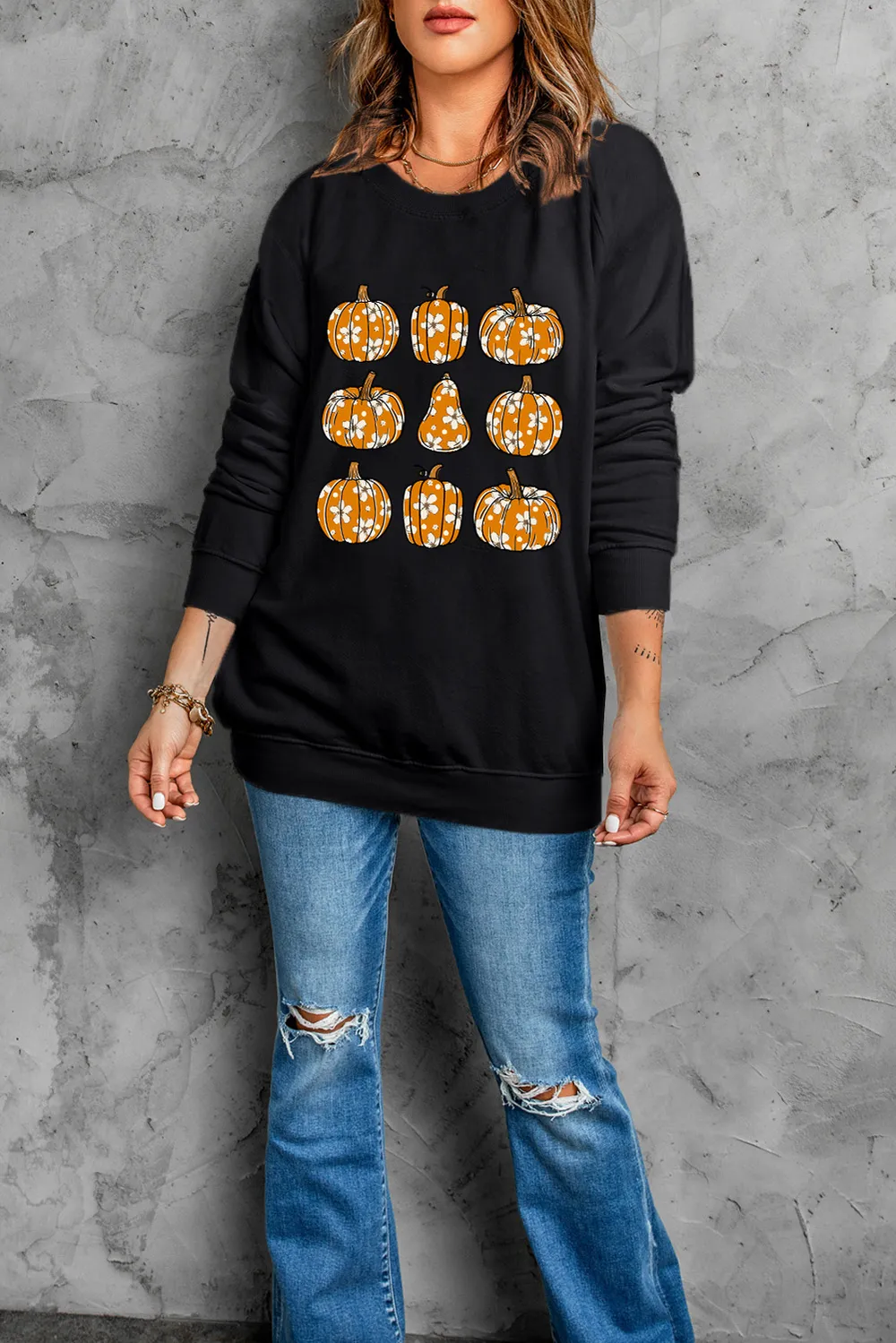 Pumpkin Round Neck Long Sleeve Sweatshirt, image 4