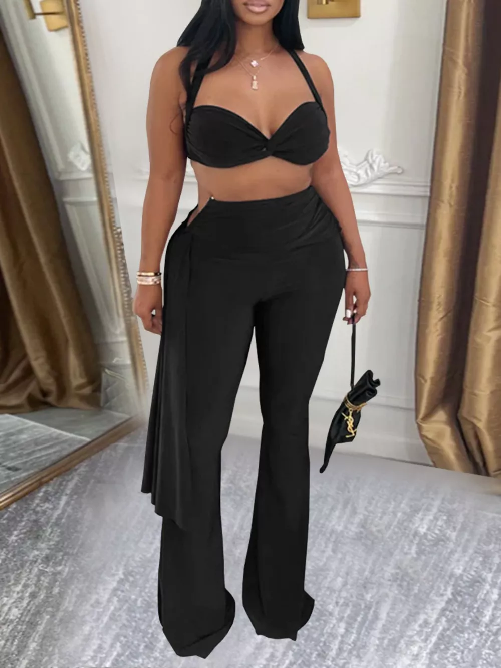 Halter Neck Top and Flare Pants Set, image 2