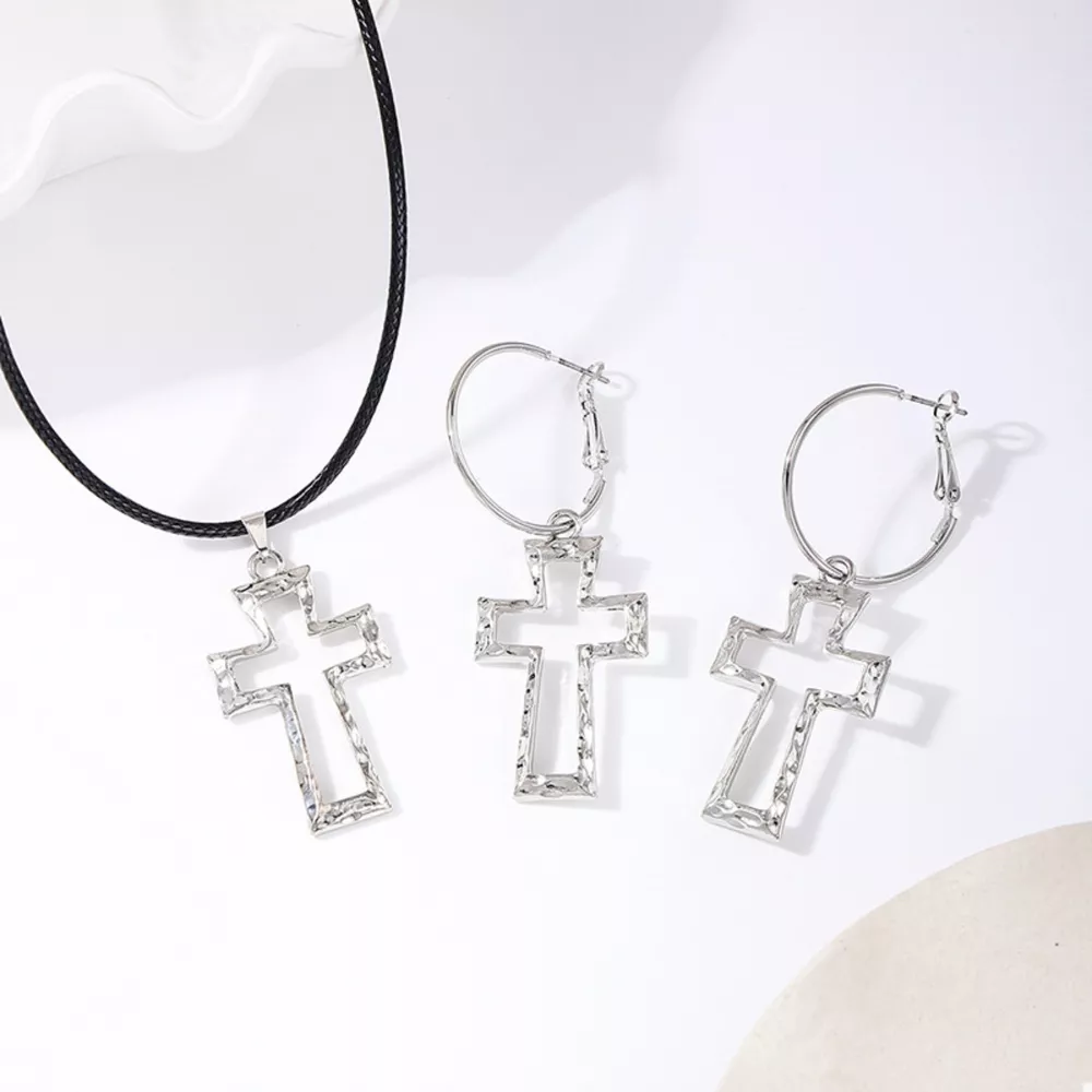 Cross Pendant Necklace & Hoop Earrings Jewelry Set, image 5