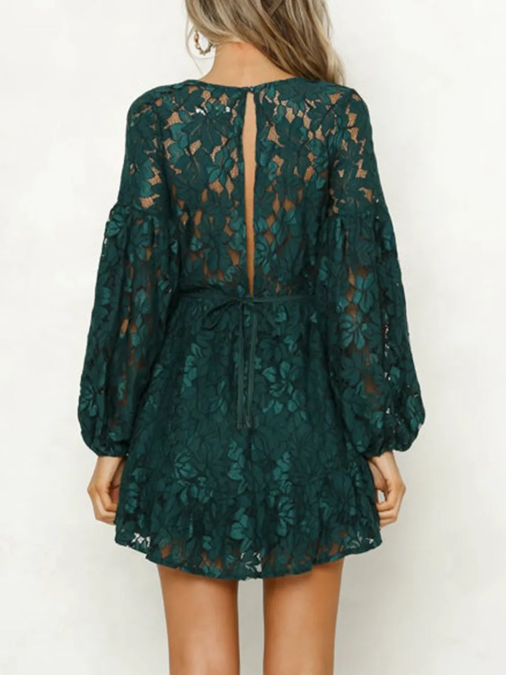 Lace V-Neck Long Sleeve Mini Dress, image 8
