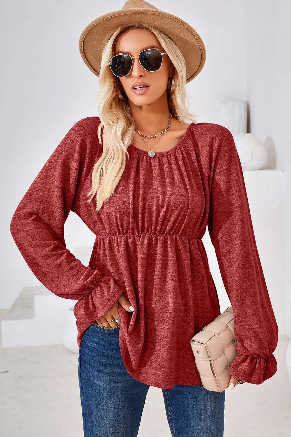Ruched Round Neck Flounce Sleeve Blouse, image 7