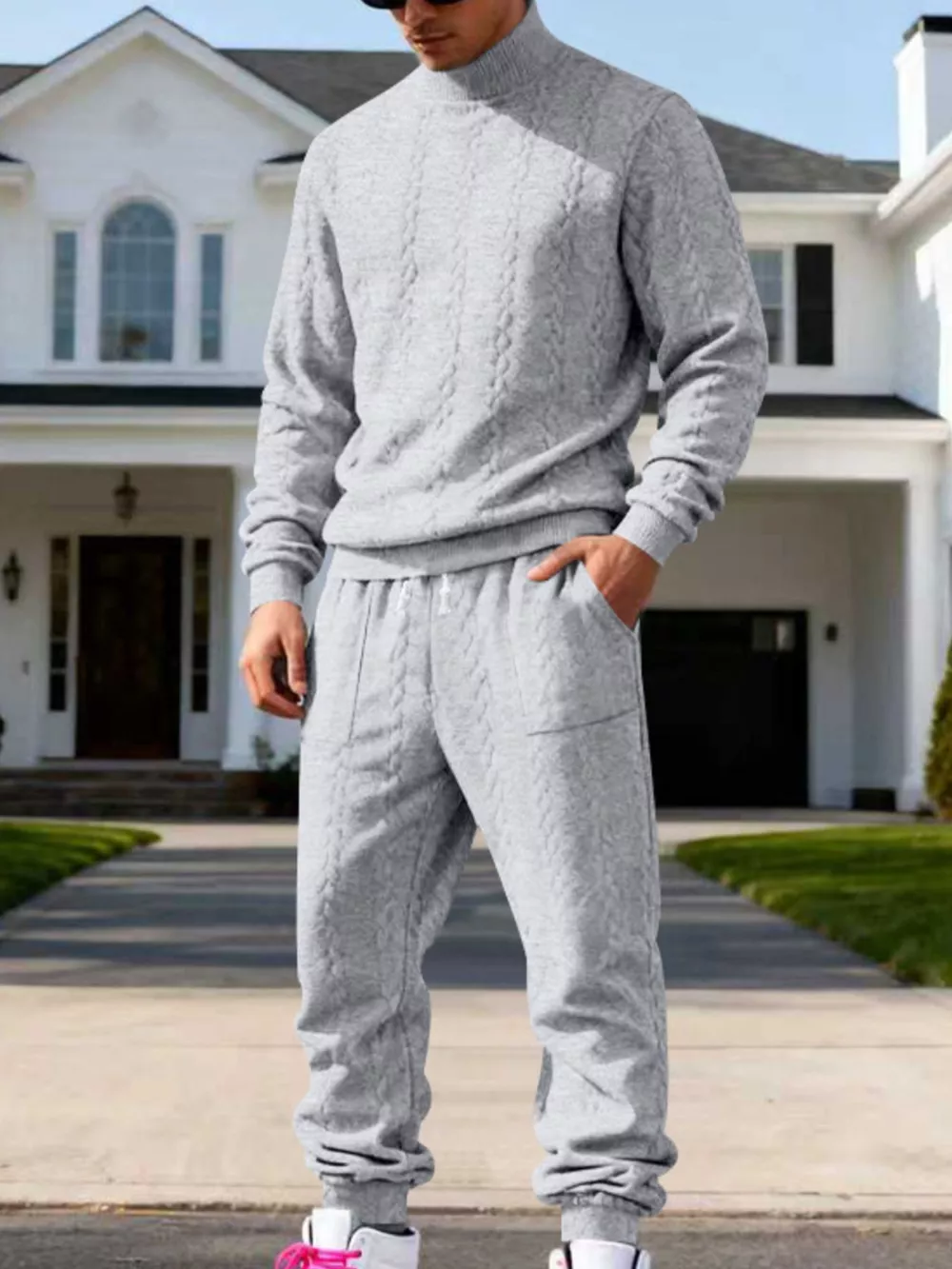 Men's Full Size Cable Knit Mock Neck Sweater and Joggers Set Plus Size, image 2
