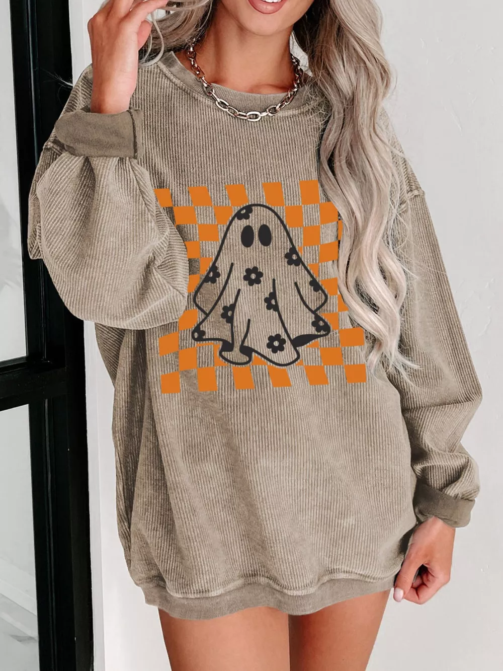 Halloween Checkerboard Floral Ghost Graphic Corded Sweatshirt, image 2