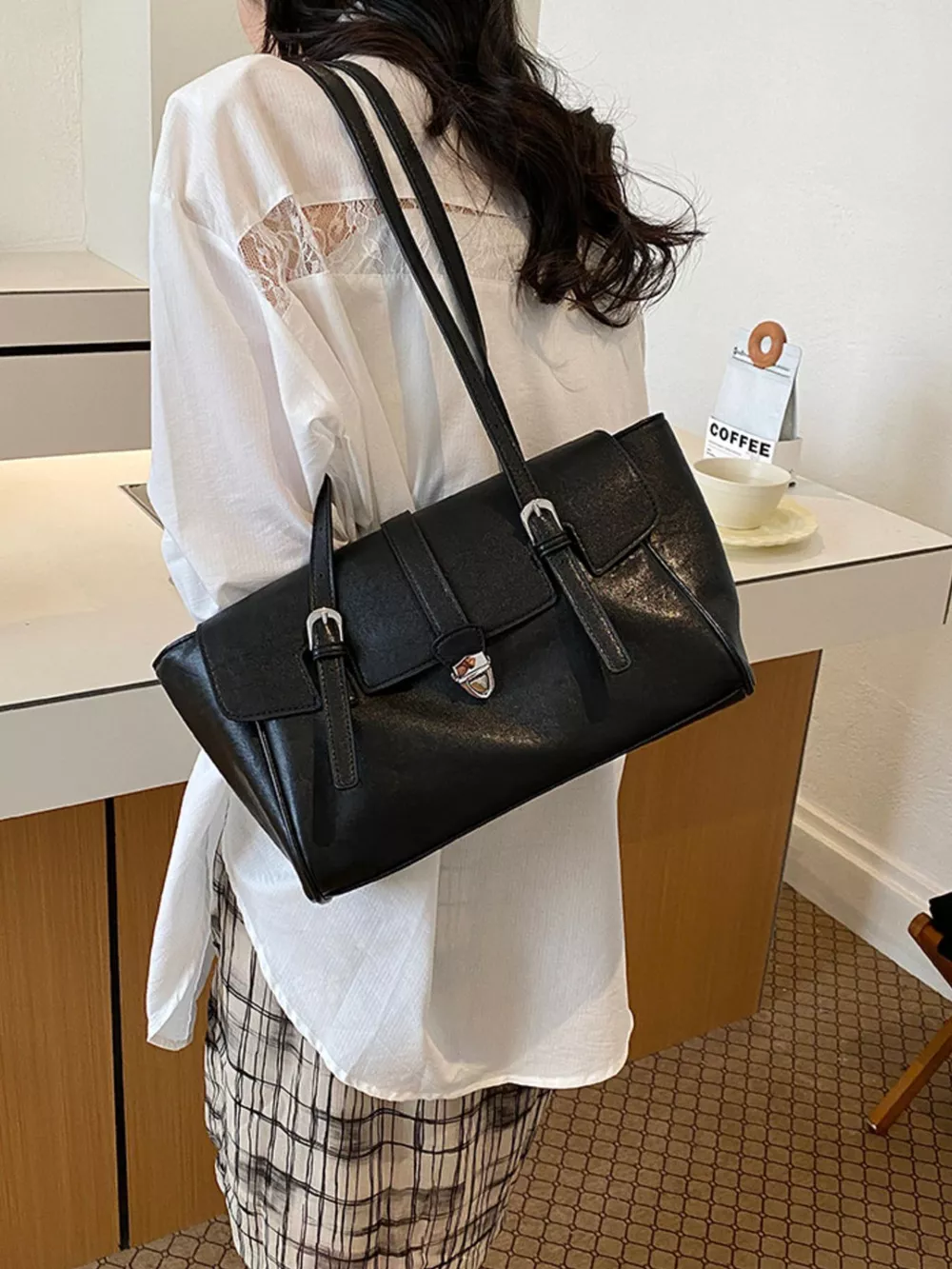 PU Leather Tote Bag with Buckle Detail