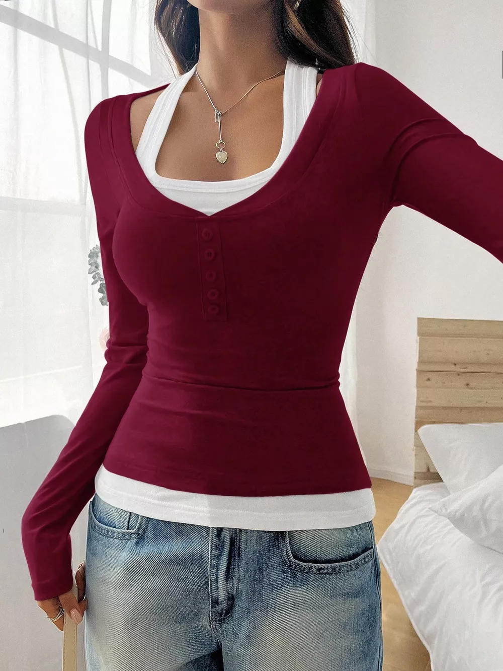 Scoop Neck Long Sleeve Fake Two-Piece T-Shirt, image 25