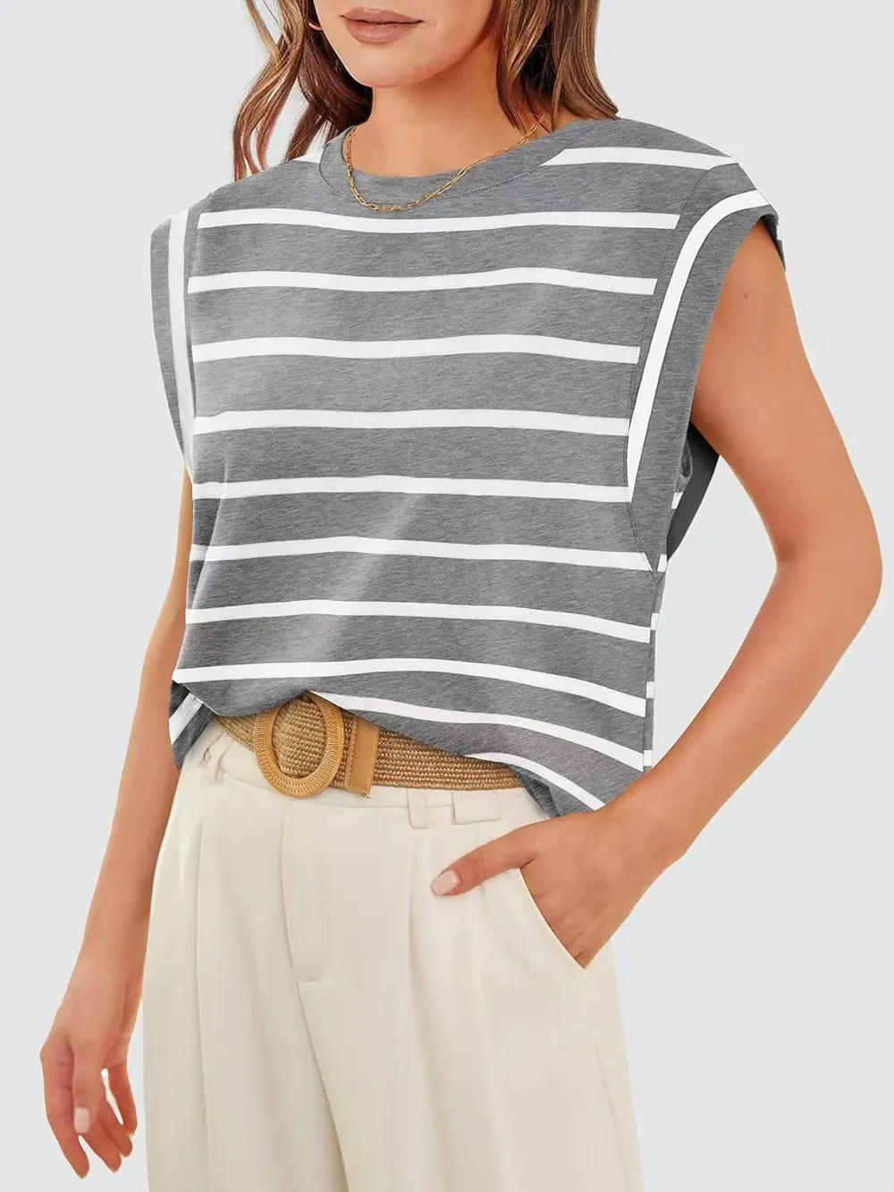 Striped Round Neck Cap Sleeve T-Shirt, image 14