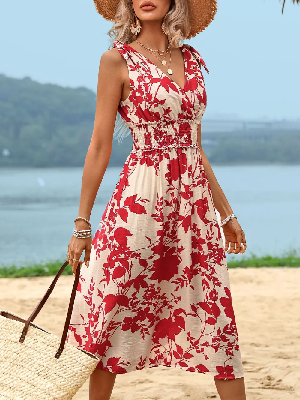 Smocked Printed Surplice Midi Dress, image 5
