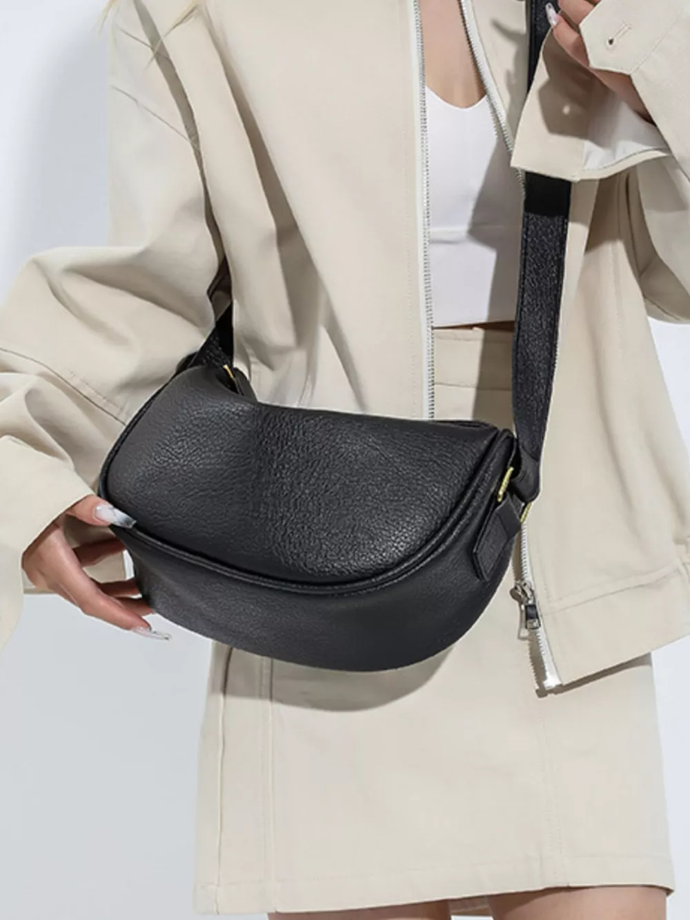Elegant Leather Crescent Crossbody Bag, image 2
