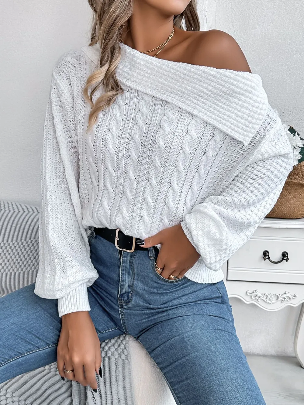 Cable-Knit One Shoulder Long Sleeve Sweater, image 18