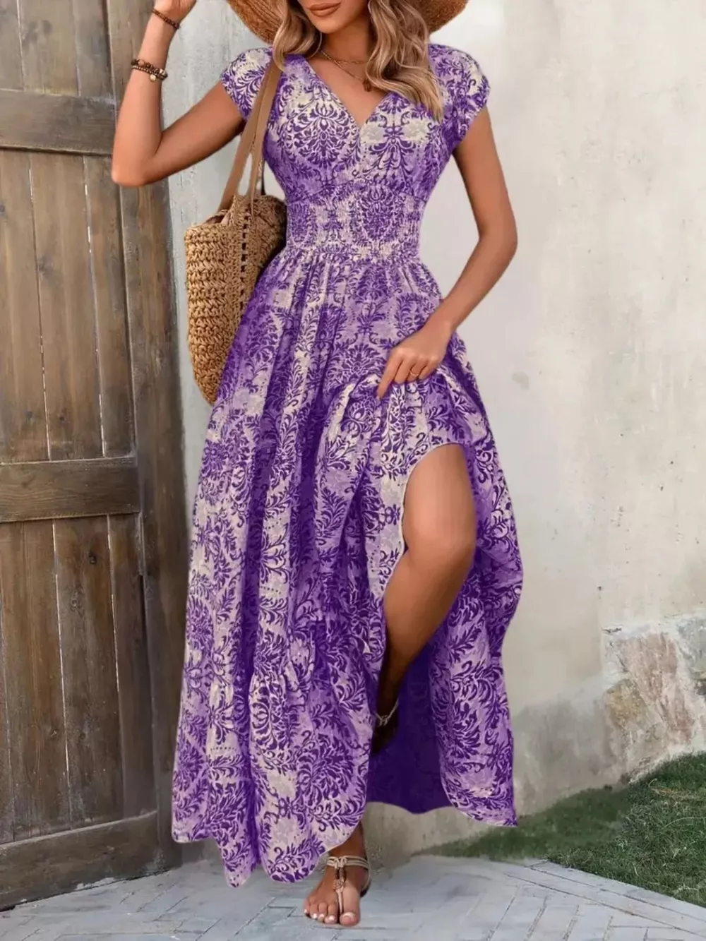 Printed Cap Sleeve Maxi Dress, image 3
