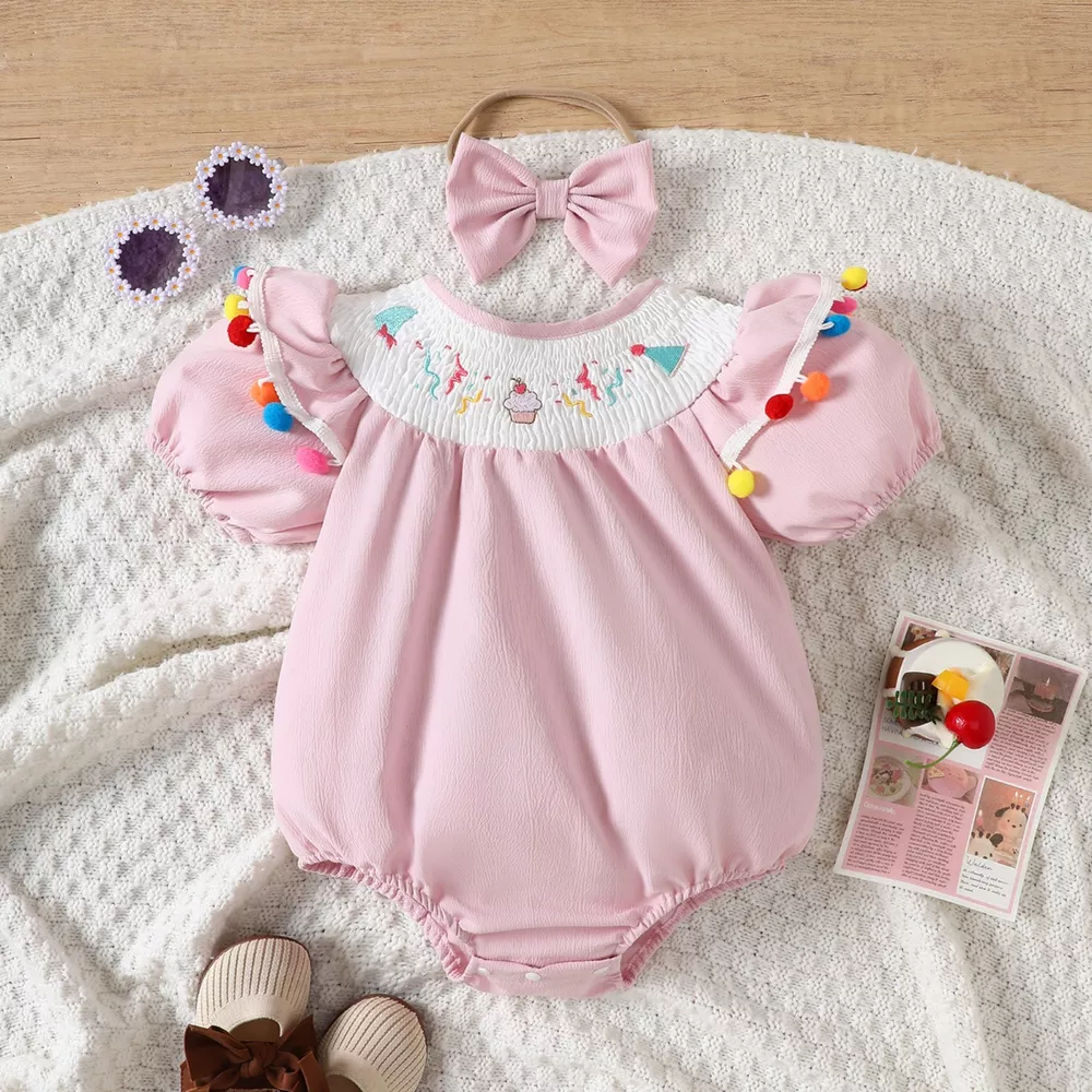 Children's Embroidered Smocked One-Piece with Headband