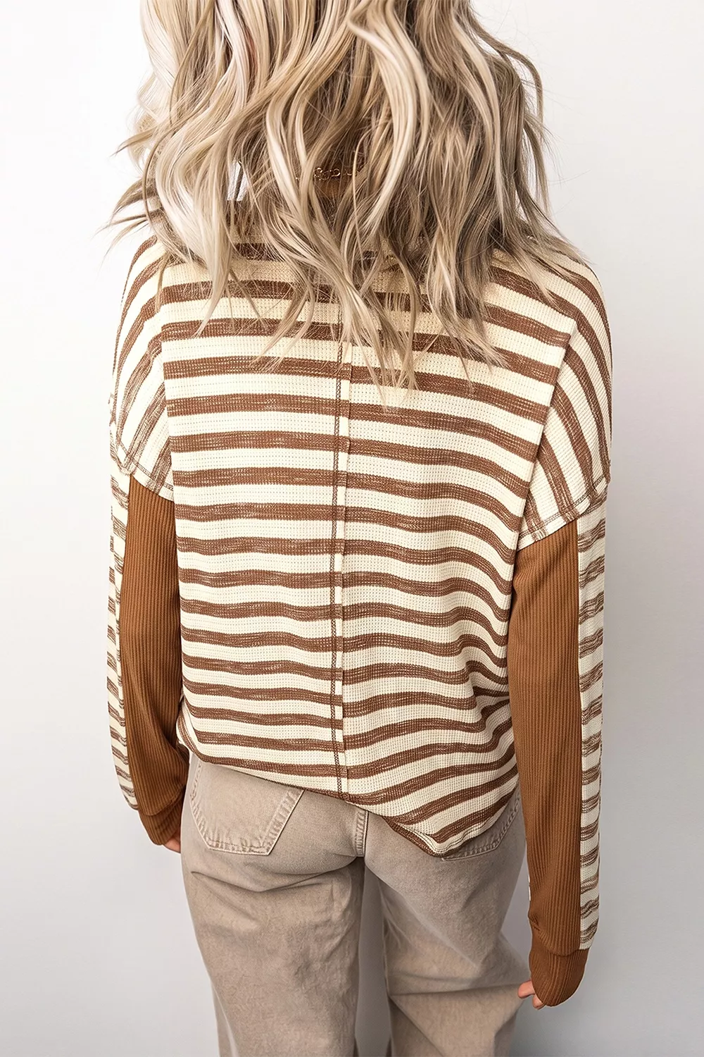 Stripe Textured Knit Color Block Trim Long Sleeve Round Neck Top, image 3