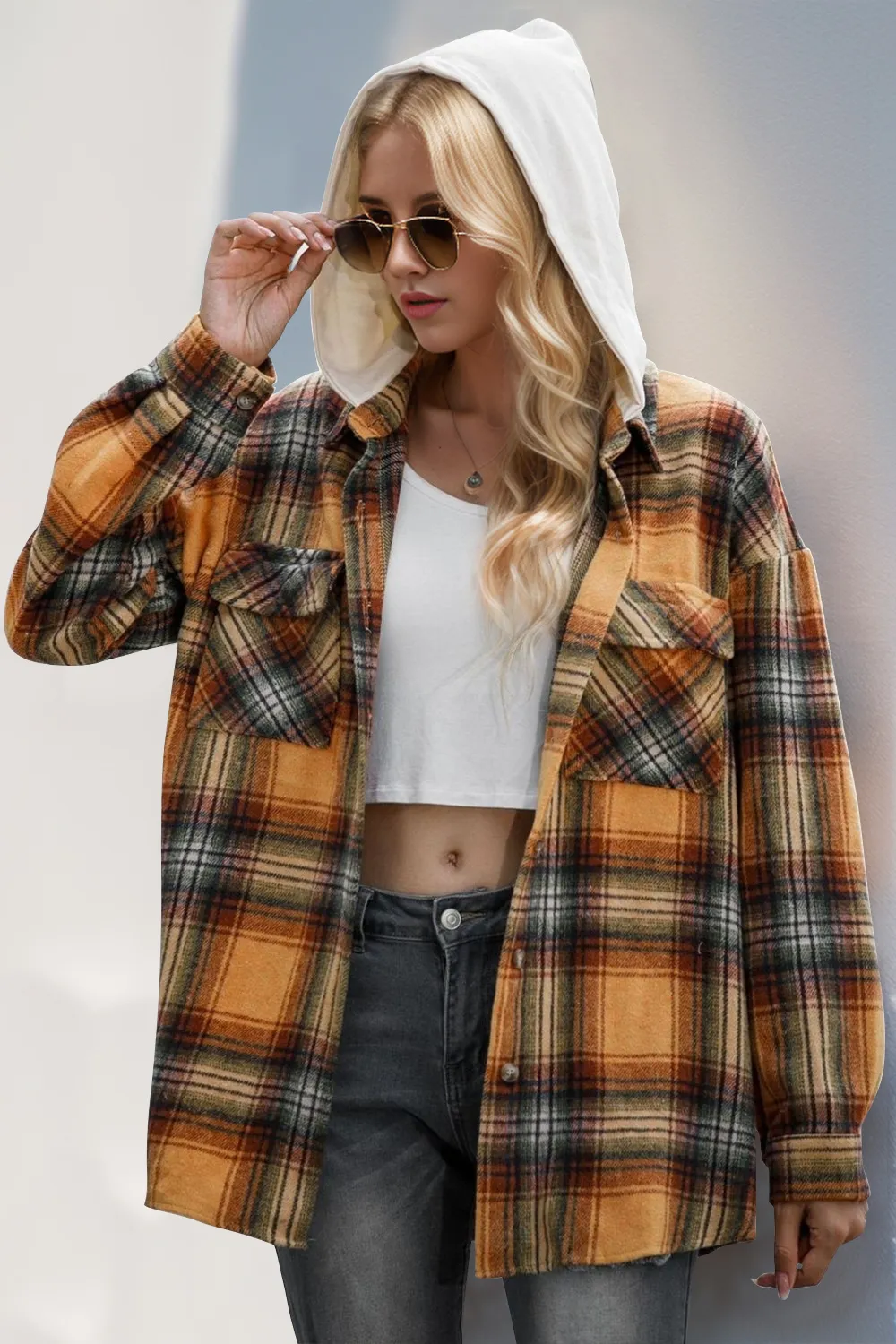 Drawstring Plaid Long Sleeve Hooded Shacket, image 8
