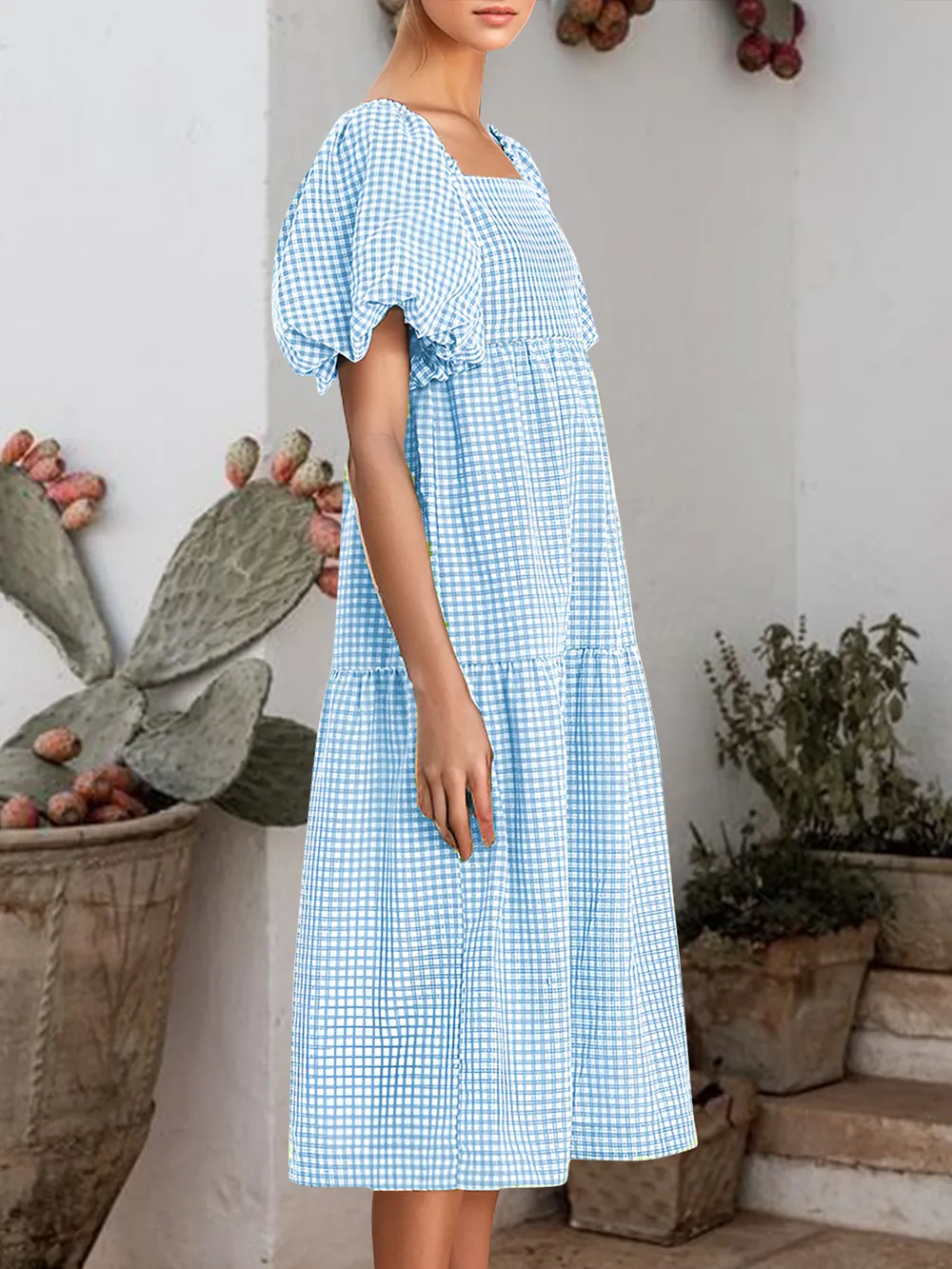 Plaid Square Neck Short Sleeve Dress, image 6
