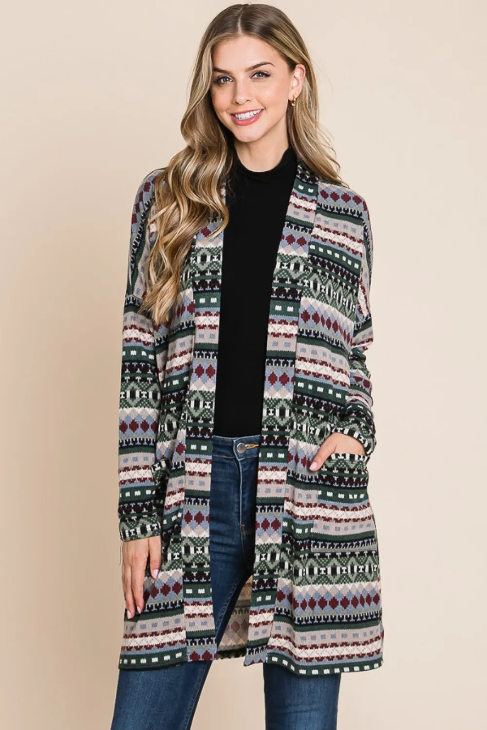 Geometric Open Front Long Sleeve Cardigan with Pockets, image 3