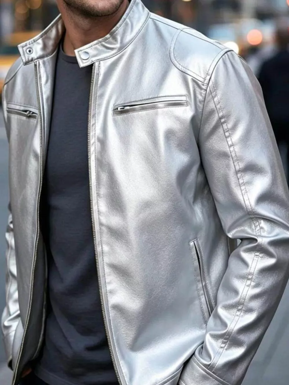 Men's Full Size Faux Leather Bomber Jacket with Zipper Pockets Plus Size, image 7