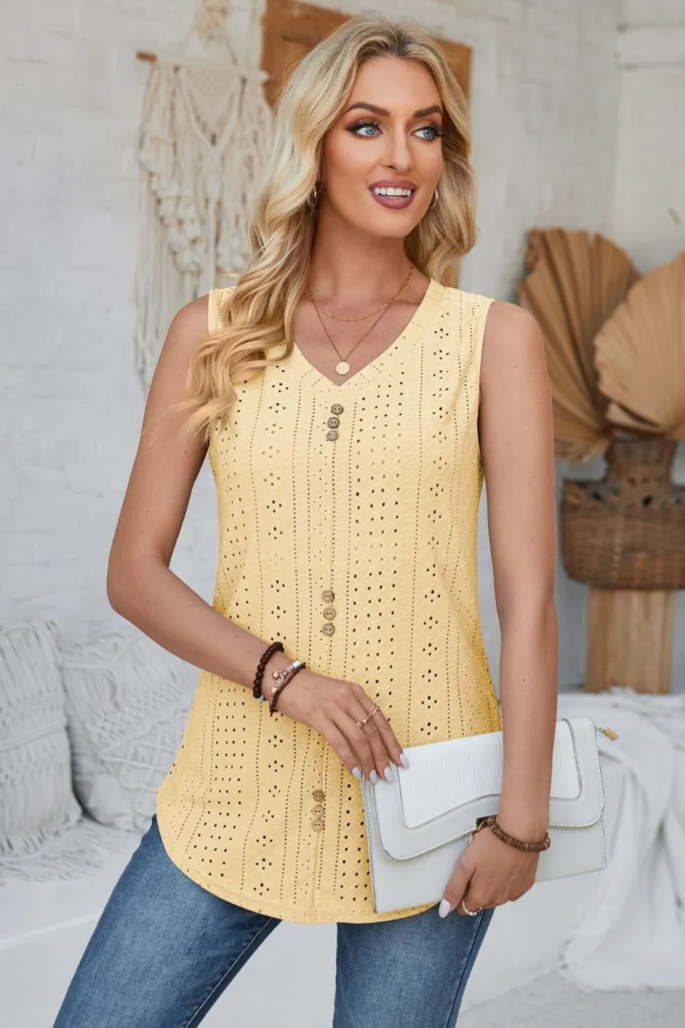 Eyelet Decorative Button V-Neck Tank, image 19