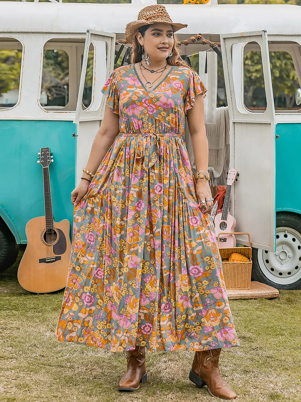 Plus Size Ruffled Printed Cap Sleeve Dress, image 8