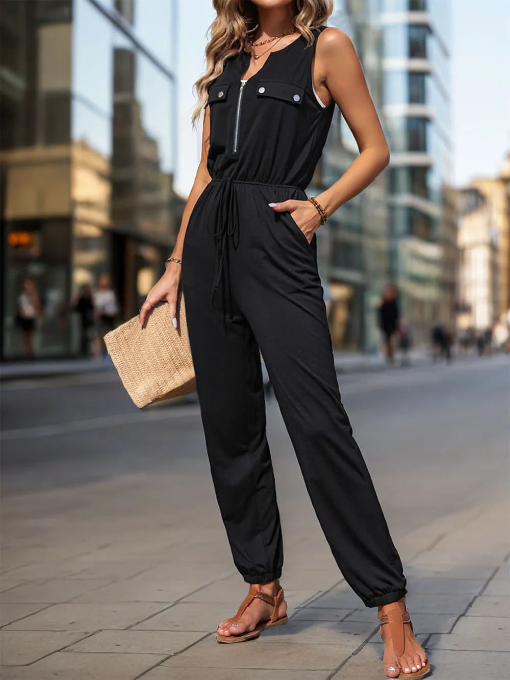 Half Zip Sleeveless Jumpsuit with Pockets, image 4