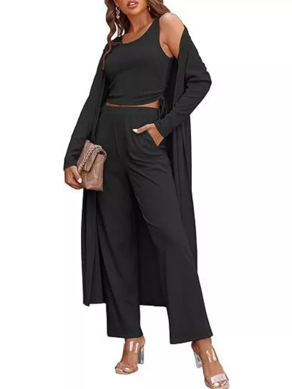 Round Neck Tank & Cardigan & Pants Set, image 4