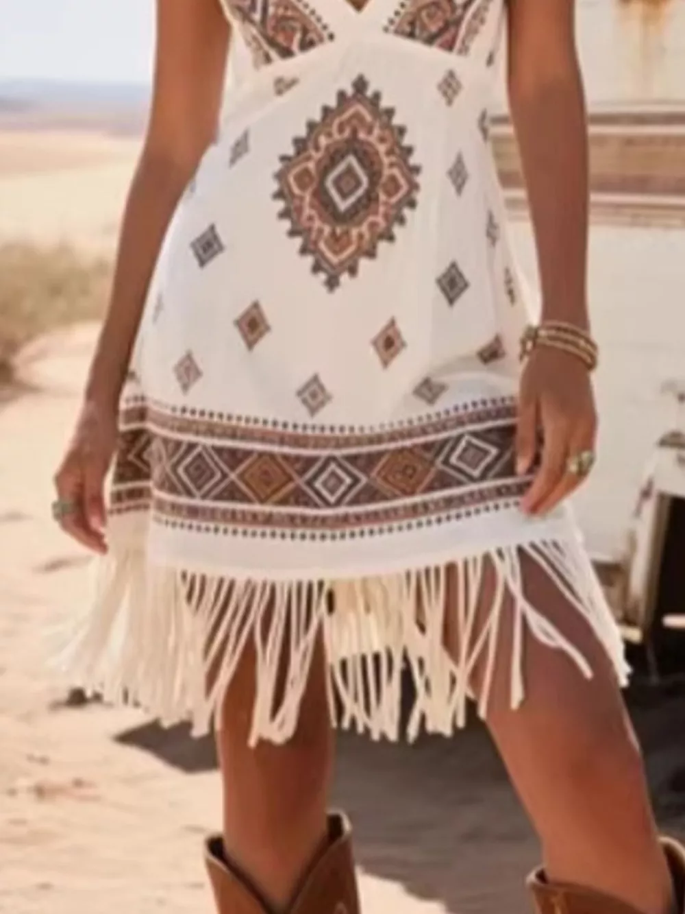 Fringe Trim Geometric Mini Dress, image 4