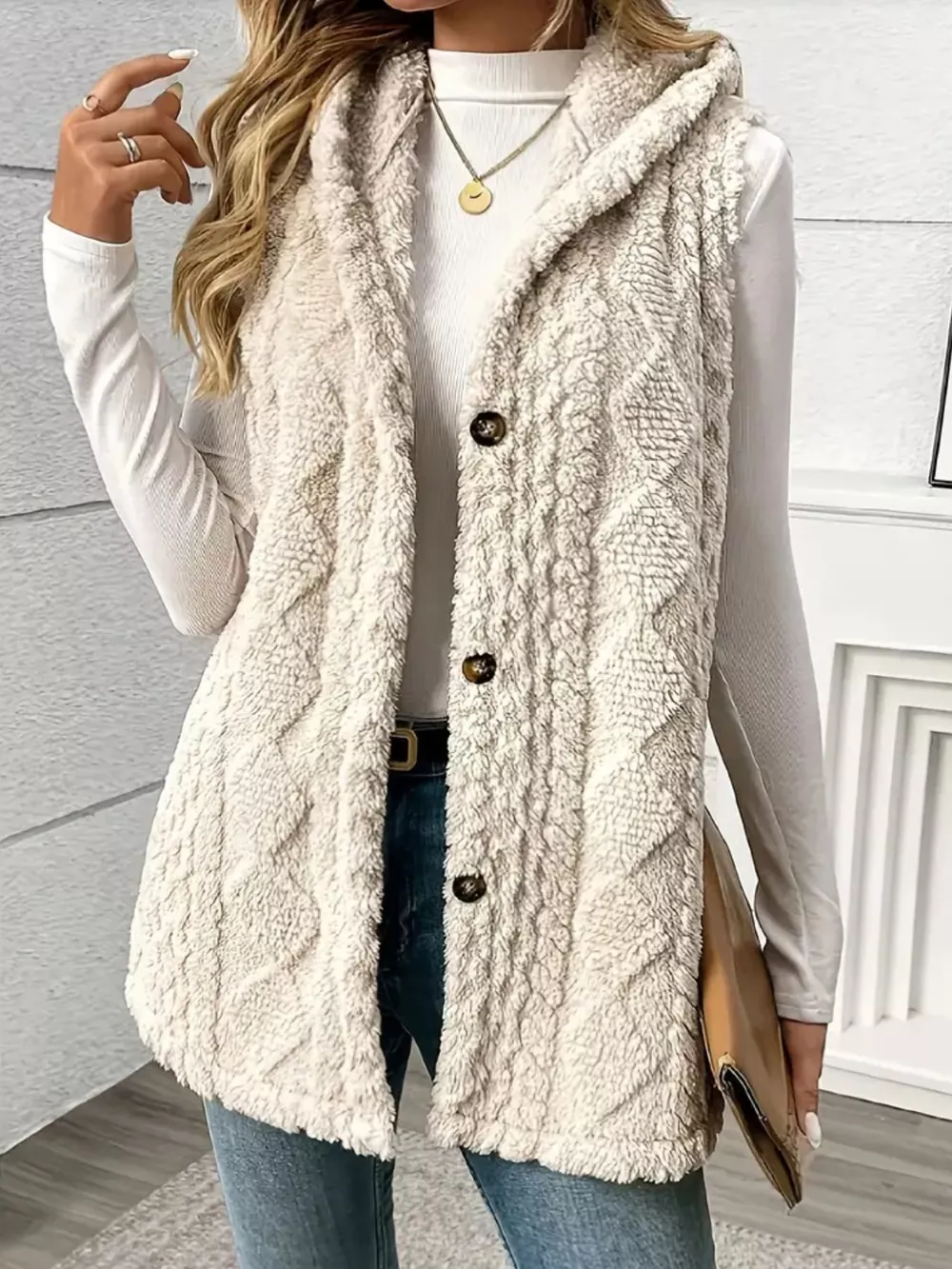 Button-Down Sherpa Hooded Vest Coat, image 4