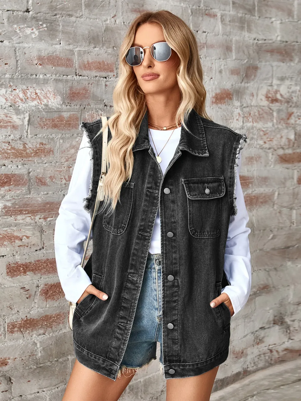 Raw Hem Sleeveless Button Up Denim Jacket, image 9