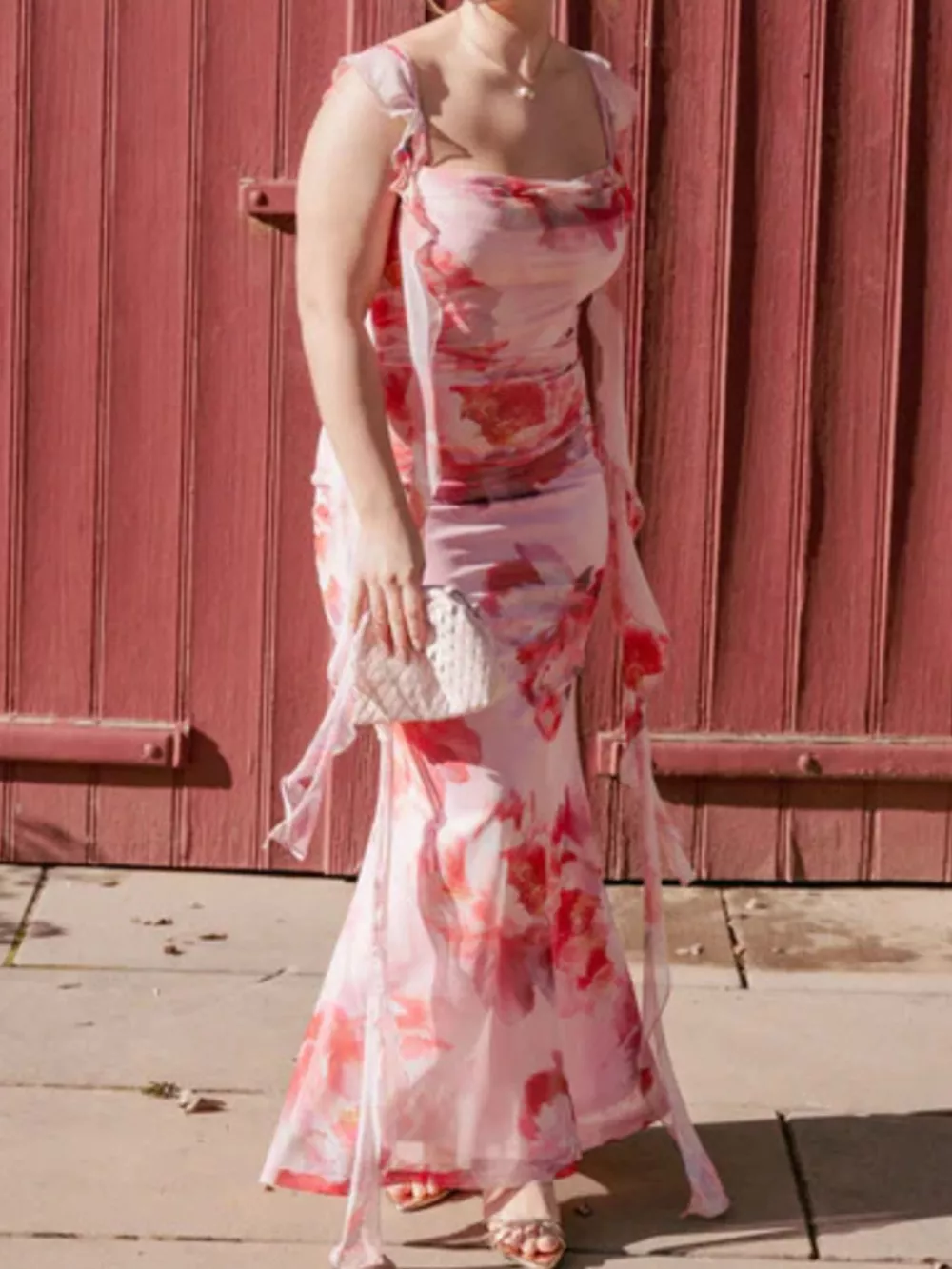 Floral Print Ruffle Trim Bodycon Maxi Dress, image 8
