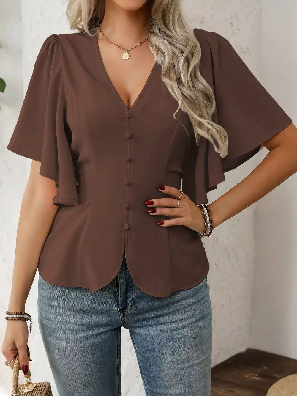 V-Neck Flutter Sleeve Blouse, image 7