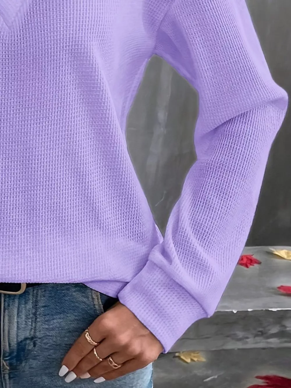 Plus Size V-Neck Long Sleeve Waffle Knit T-Shirt, image 5
