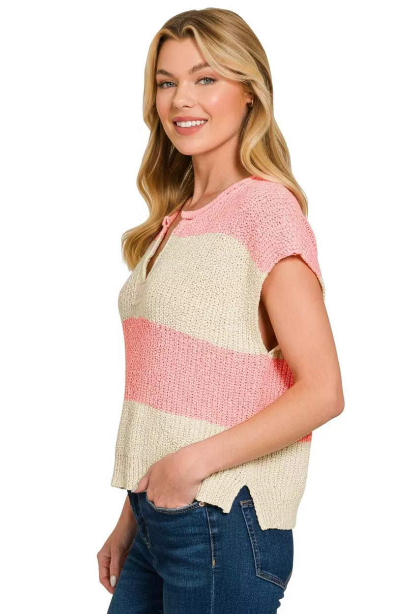 Split Neck Sleeveless Stripe Sweater, image 3