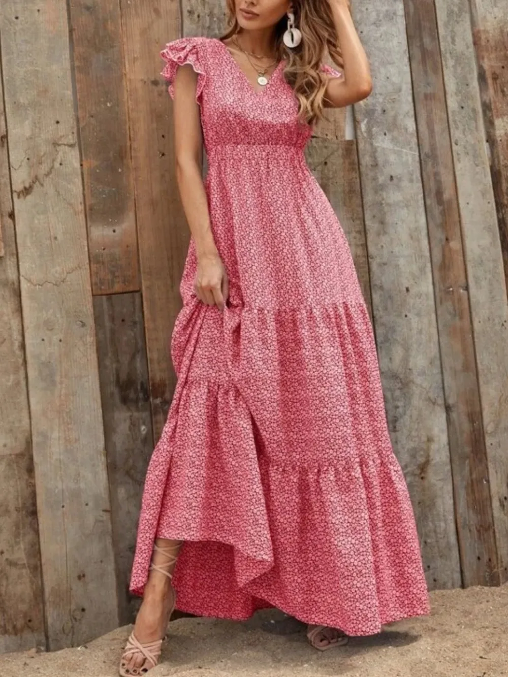 Printed V-Neck Ruffled Cap Sleeve Maxi Dress, image 9