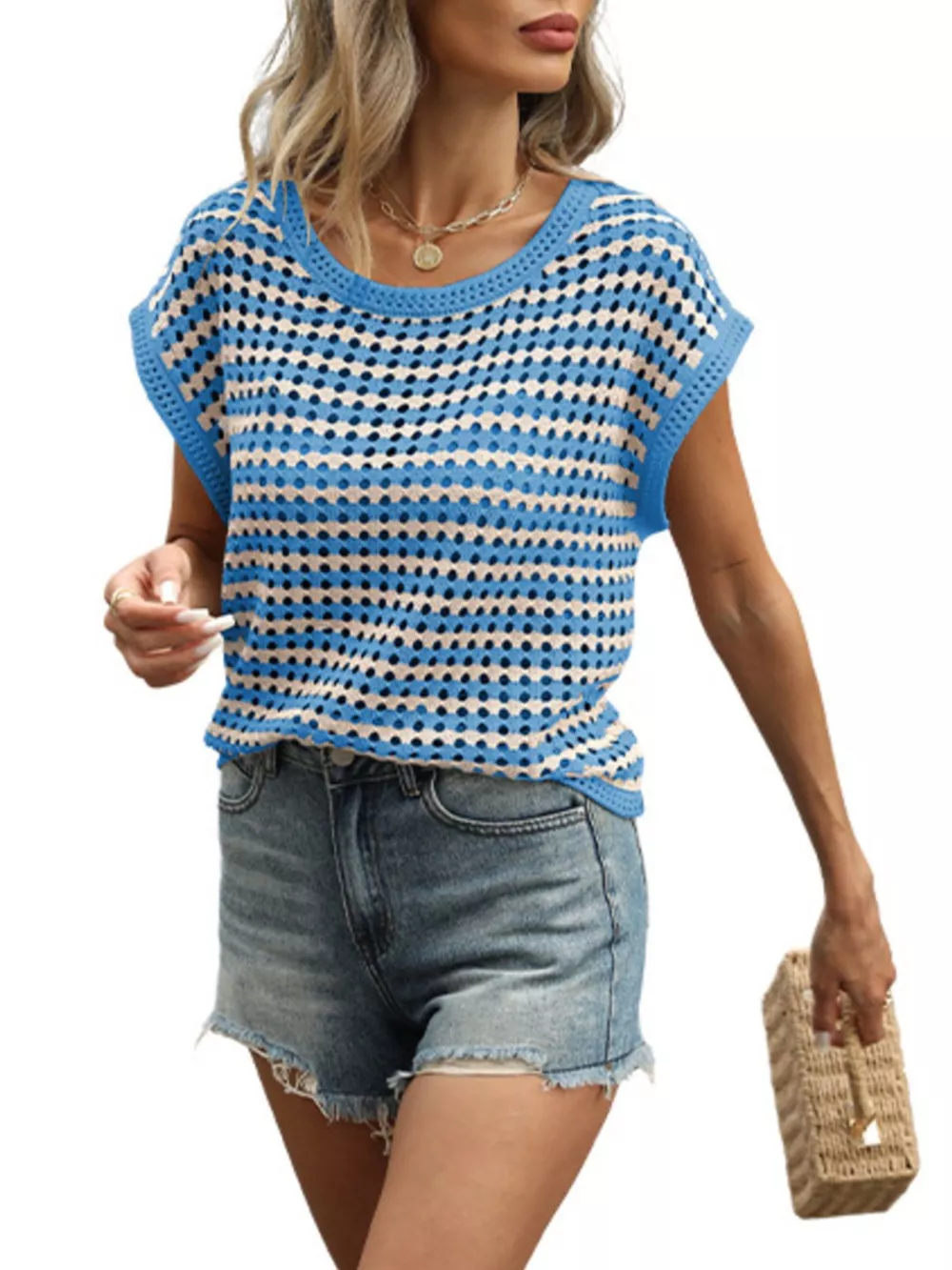 Striped Short Sleeve Crochet Knit Top, image 11