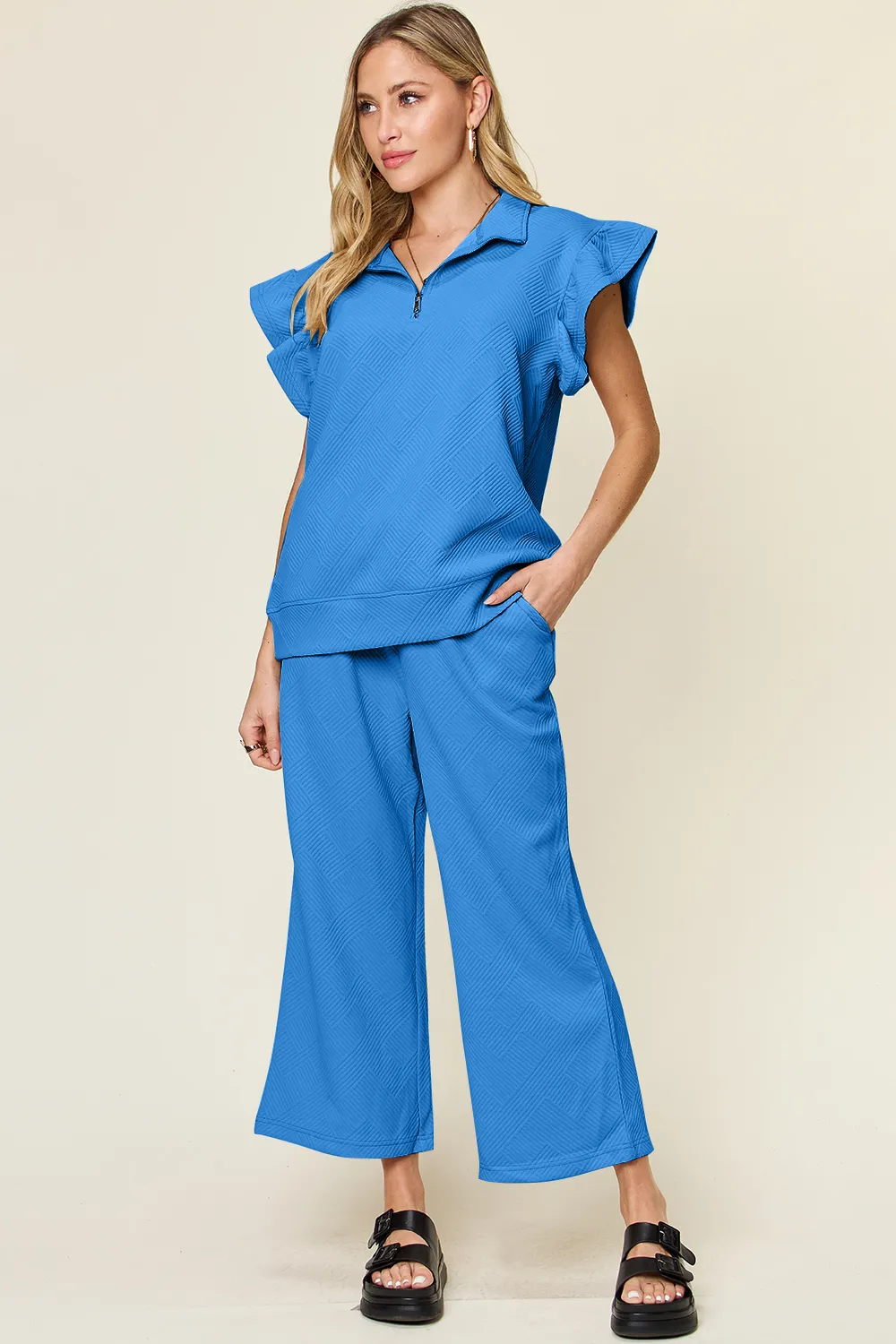 Texture Ruffle Short Sleeve Top and Drawstring Wide Leg Pants Set