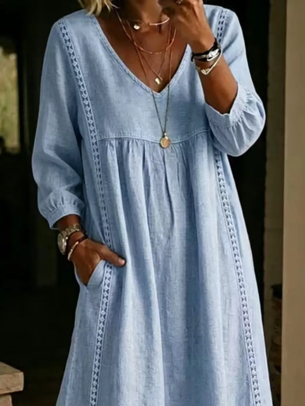 Full Size Lace Trim Long Sleeve Midi Dress Plus Size, image 2