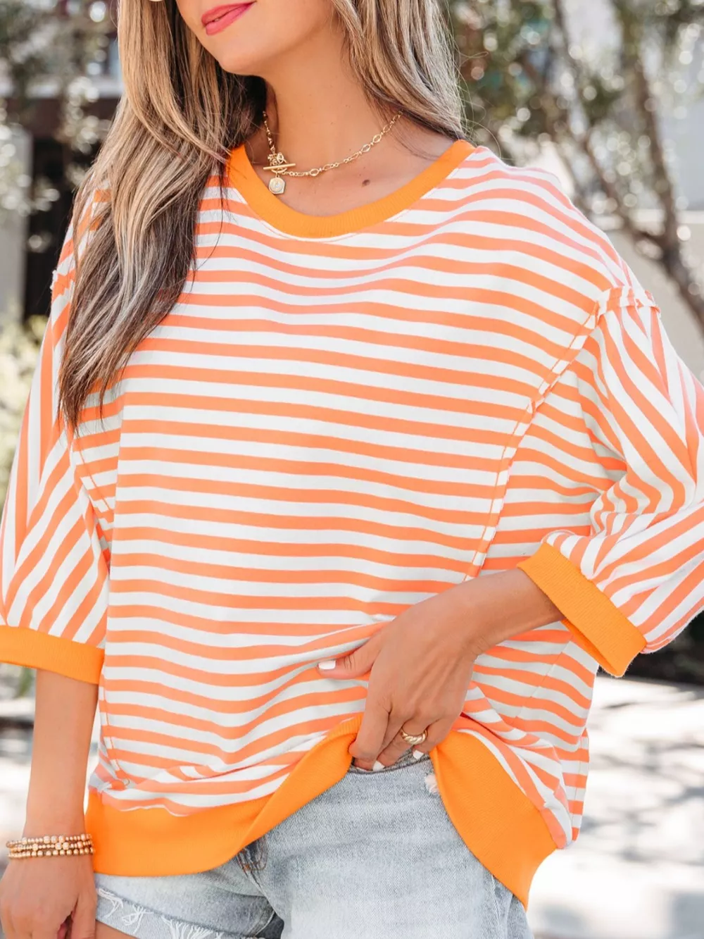Stripe 3/4 Sleeve Exposed Seam Patchwork Pullover Top, image 9