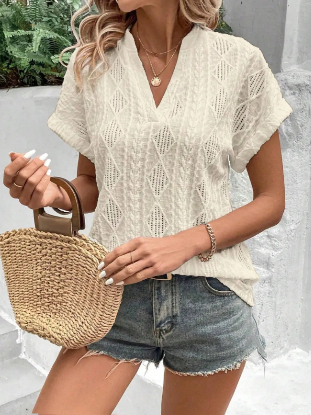 Openwork Notched Short Sleeve Blouse, image 7