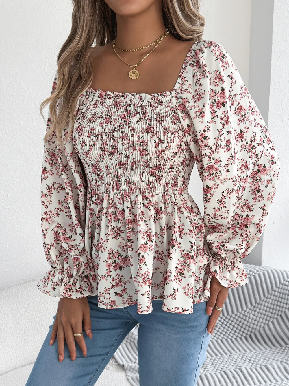 Floral Square Neck Flounce Sleeve Blouse, image 11