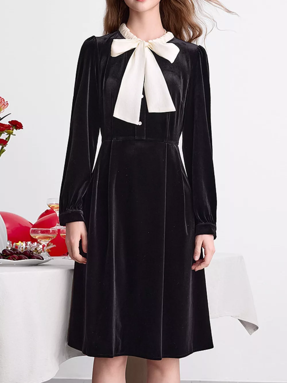 Velvet Bowknot Long Sleeve A-Line Dress