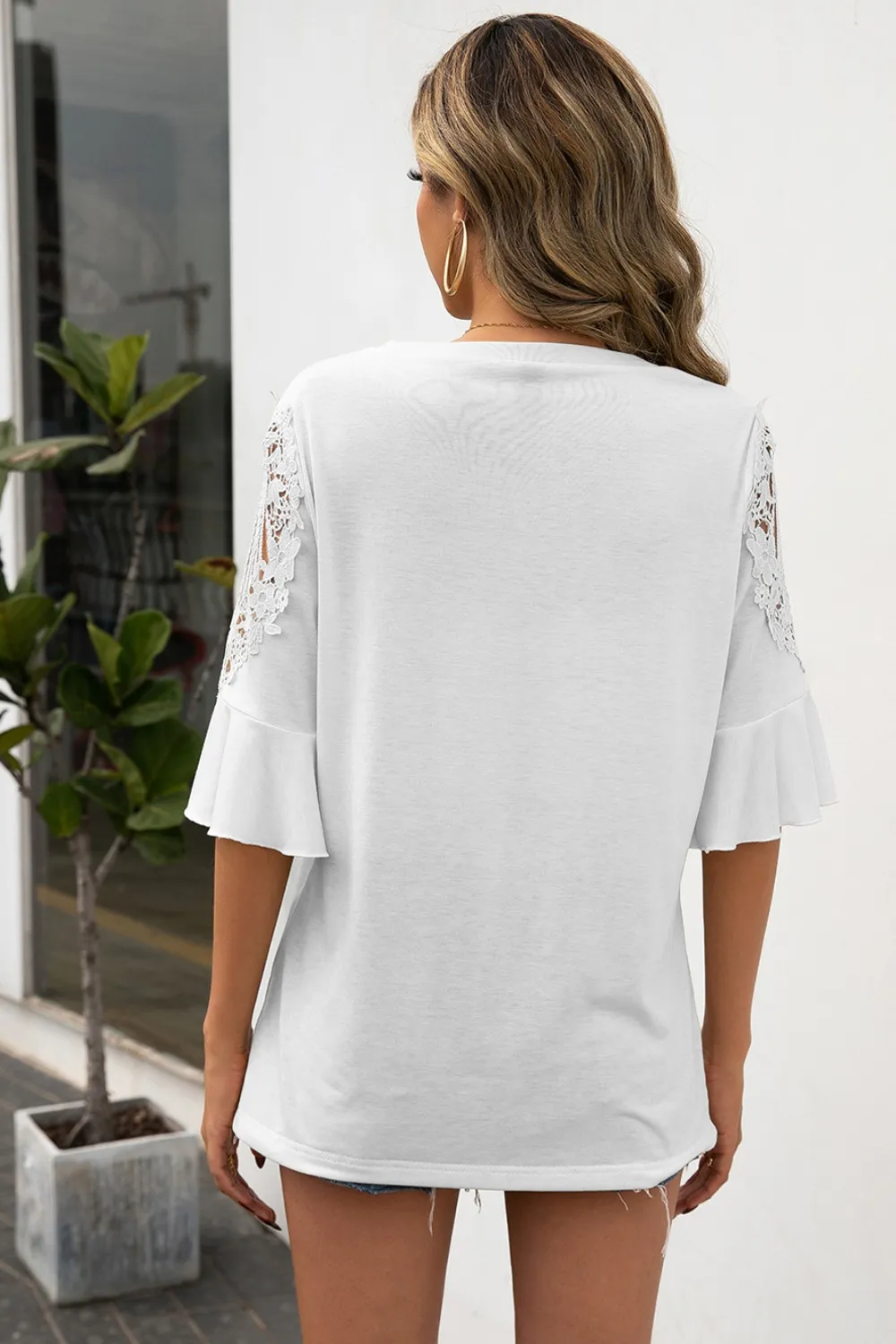 Ruffled Cutout Round Neck Half Sleeve T-Shirt, image 3