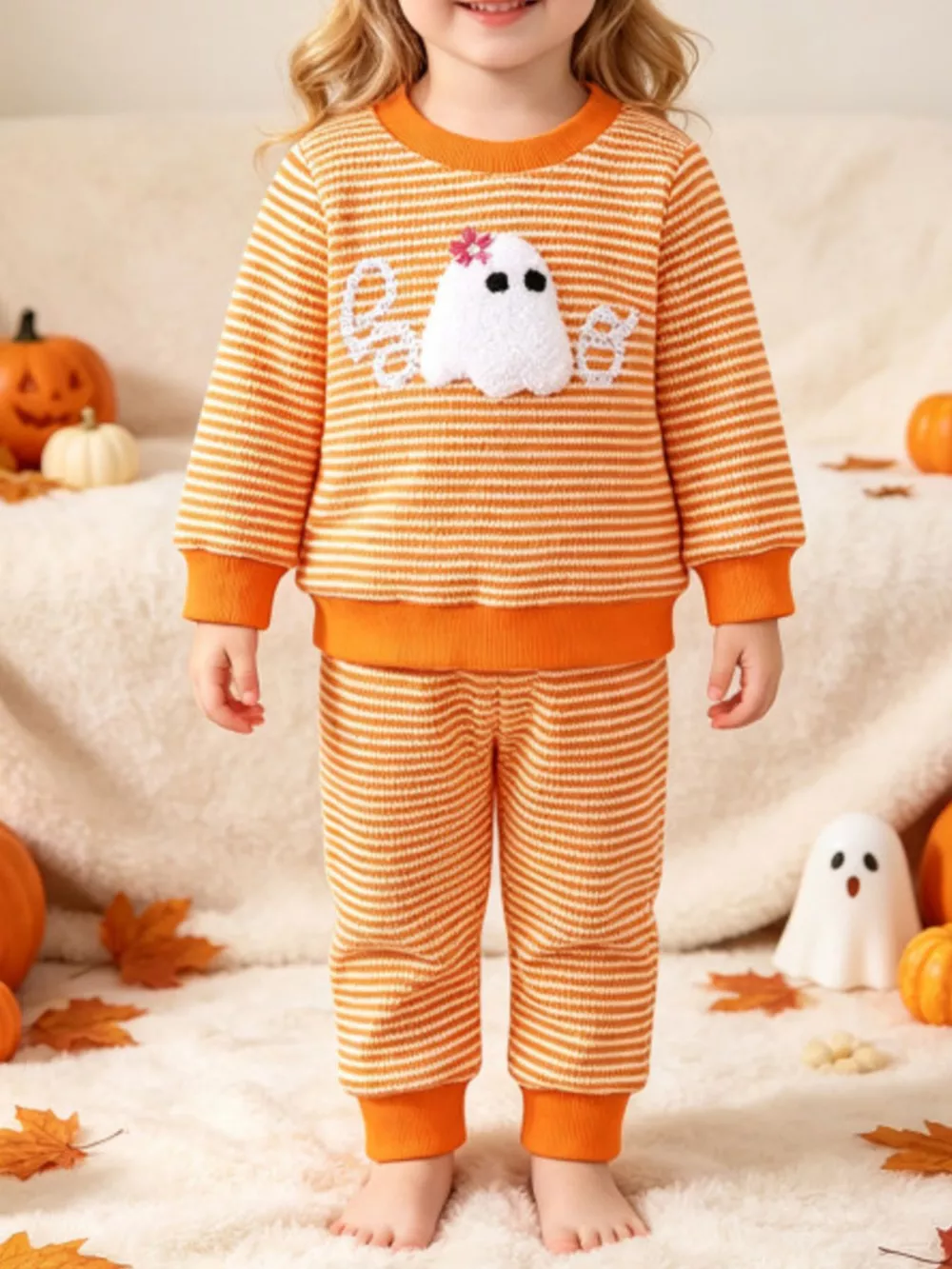 Children's Halloween Striped Ghost Top and Pants Set, image 6