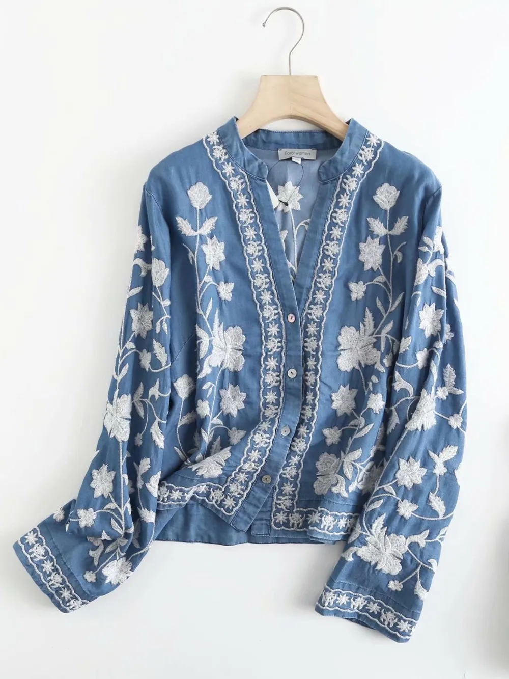 Floral Embroidered Button Up Denim Shirt, image 8