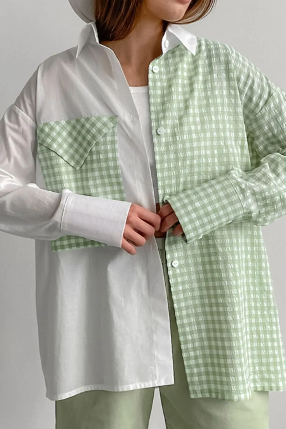 Two-Tone Plaid Button Down Long Sleeve Shirt, image 3