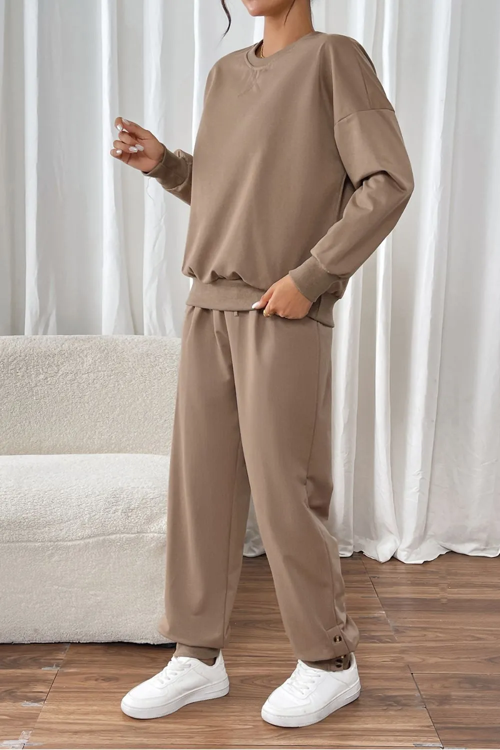 Round Neck Long Sleeve Top and Pants Set, image 4