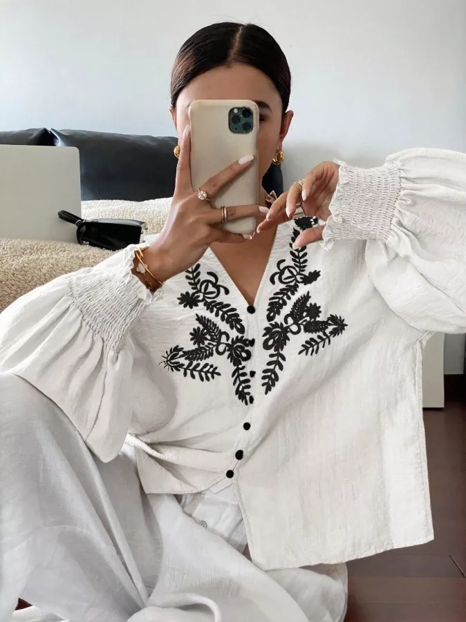 Embroidered Notched Long Sleeve Blouse, image 26
