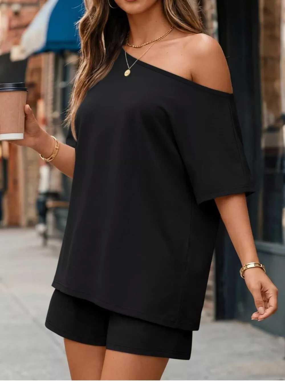 One-Shoulder Short Sleeve Top and Shorts Set, image 2