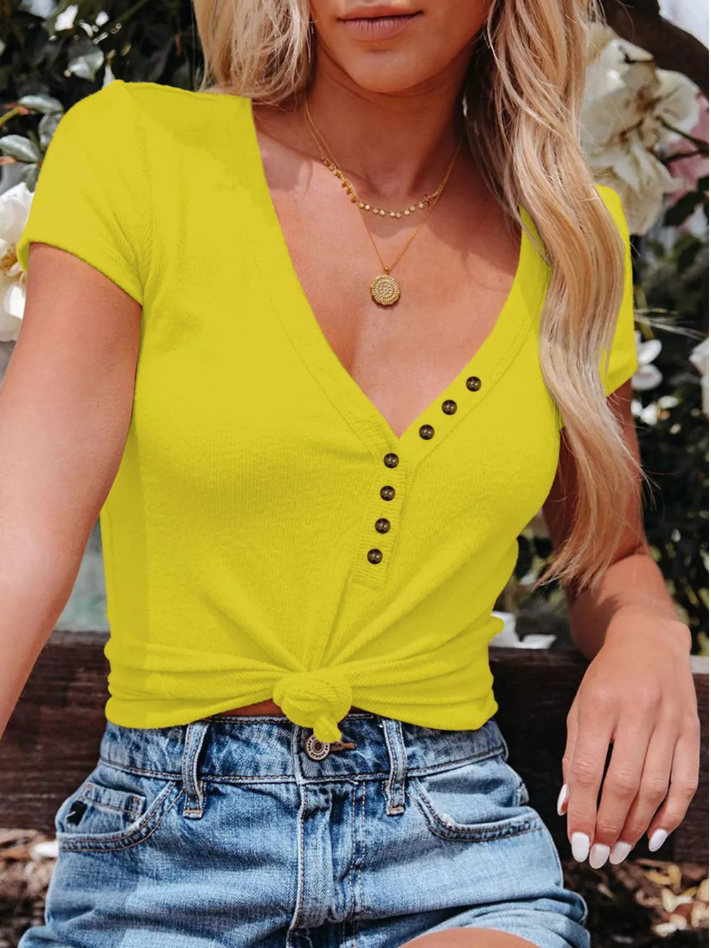 Full Size Casual V-Neck Button Detail T-Shirt Plus Size, image 25