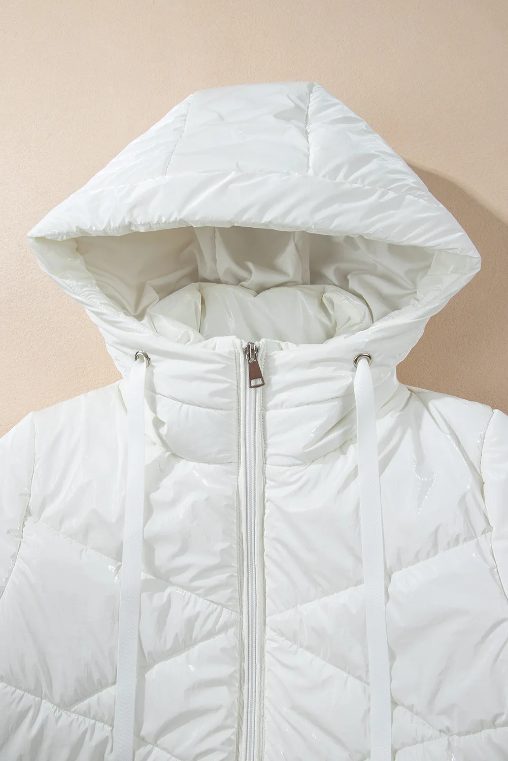 Drawstring Zip Up Long Sleeve Hooded Winter Coat, image 4