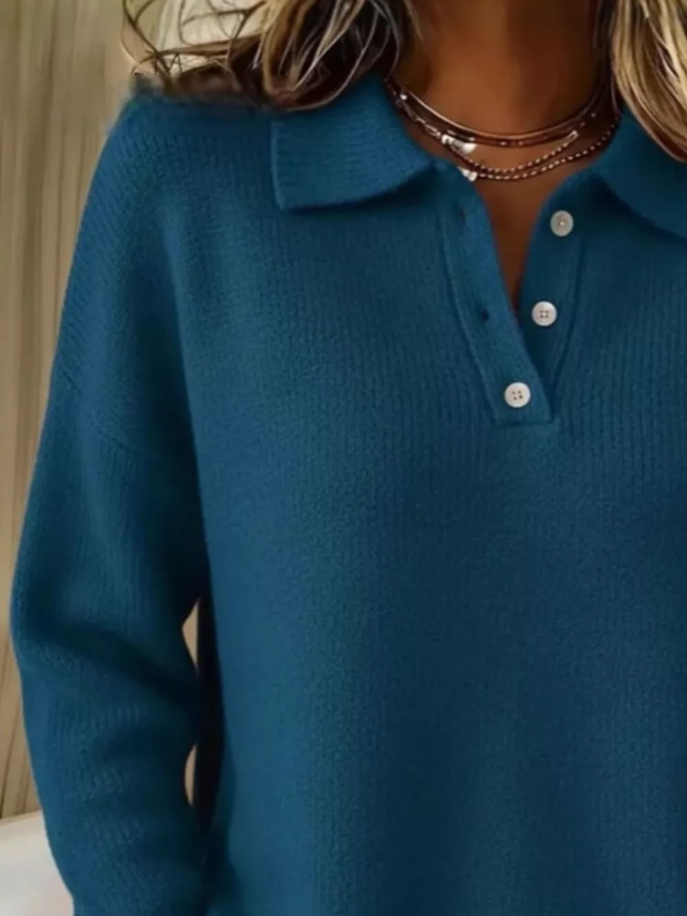 Full Size Half Button Collar Drop Shoulder Sweater Plus Size, image 7